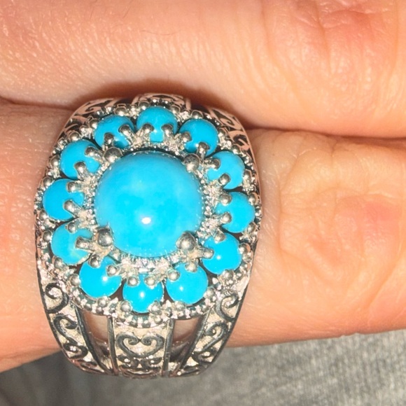 Turquoise “sleeping beauty” and 925 Silver large Floral Ring 9 - Picture 8 of 14